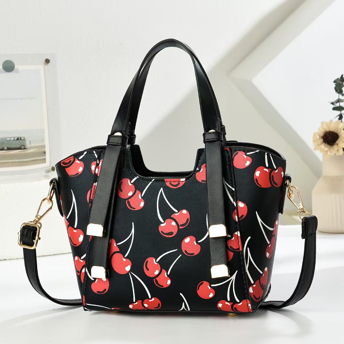 Bag Women's Classic All-match Vegetable Basket Cherry Print Hand Carrying